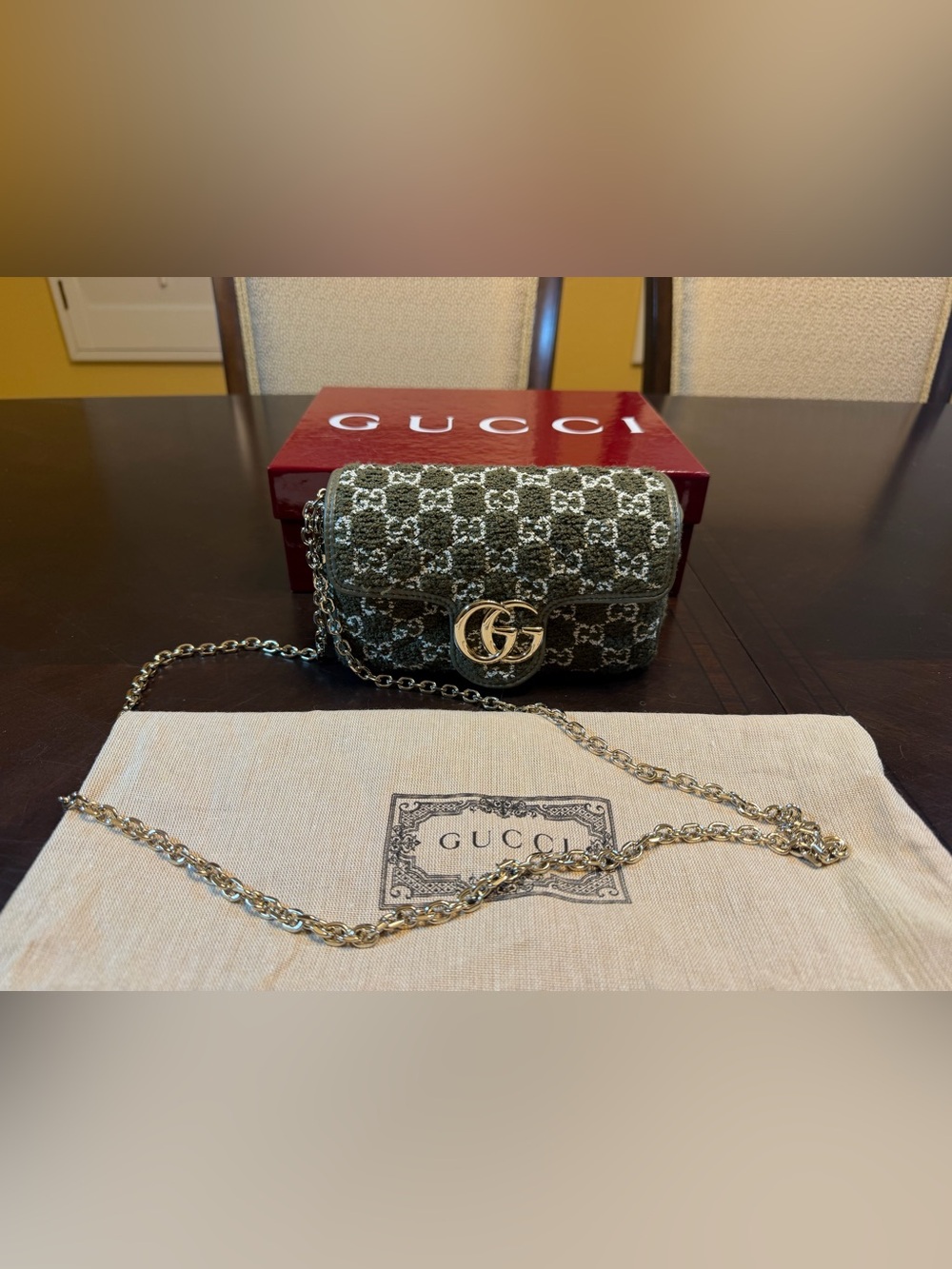 New Authentic Gucci GG Marmont Tweed Logo Shoulder Bag Mini Green